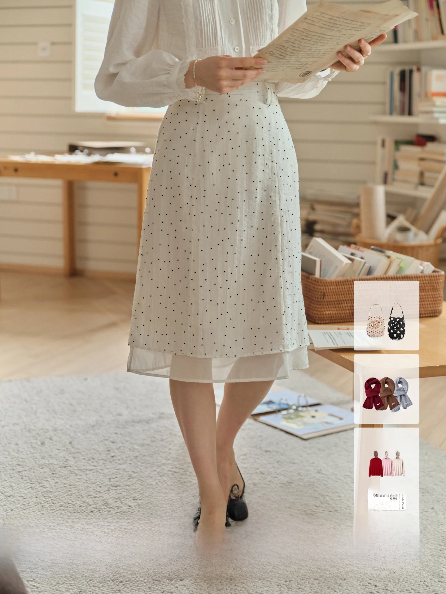 SimpleRetro Women's A-Line  Skirt Polka Dot  Cotton Double Layer Draped High Waist Zipper Closure Skirt