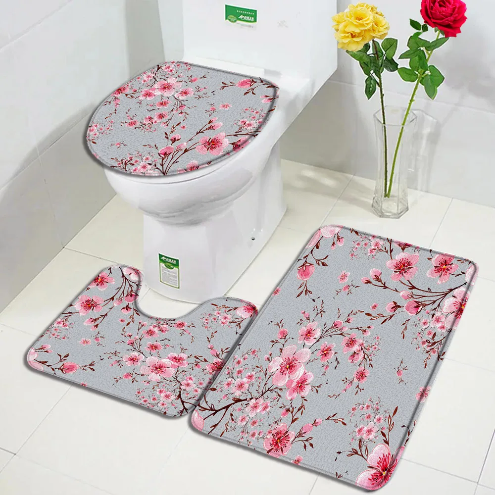 Pink Cherry Blossom Bath Mats 3pcs Set Plant Flowers Carpet Modern Print Home Bathroom Decor Door Rug Anti-Slip Toilet Cover Mat