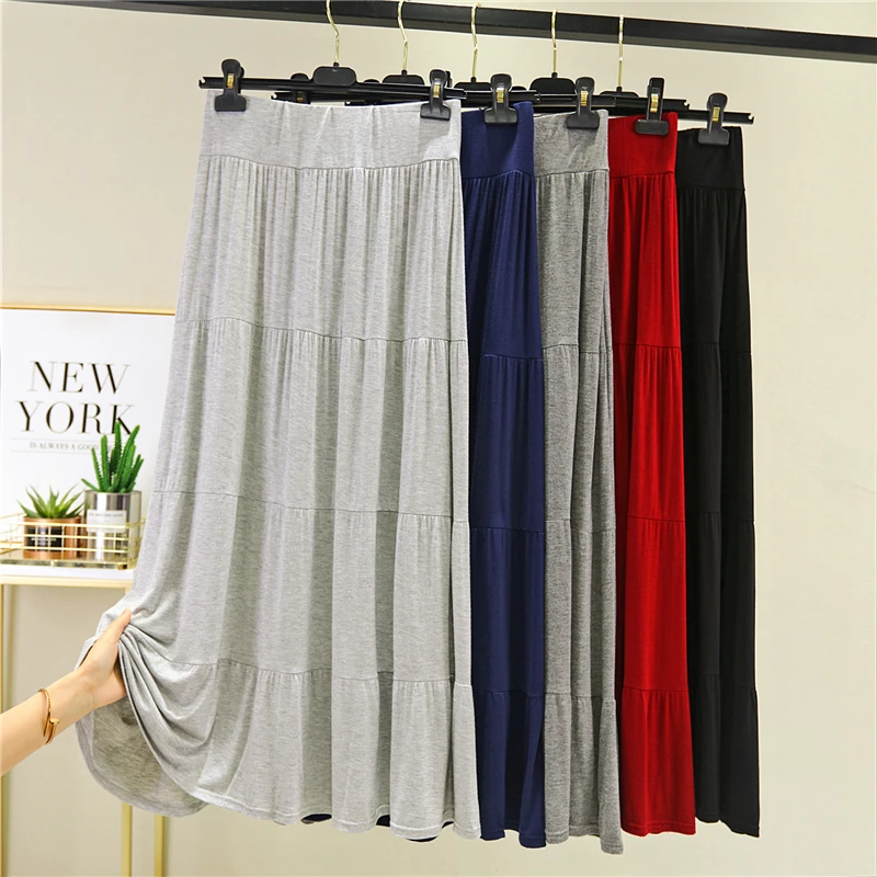 

Summer Women's A-Line Midi Skirt High Waist Flared Base Pure Color Long Skirt Slimming Effect Versatile Loose Fit Boting S...