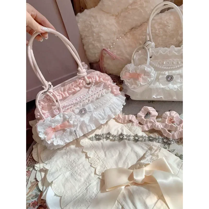 Sweet Core Japanese Style Lace Bow Tote Bag Sweet Lolita Shoulder Handbag with Ribbon Decoration Cute Cake Bag for Daily