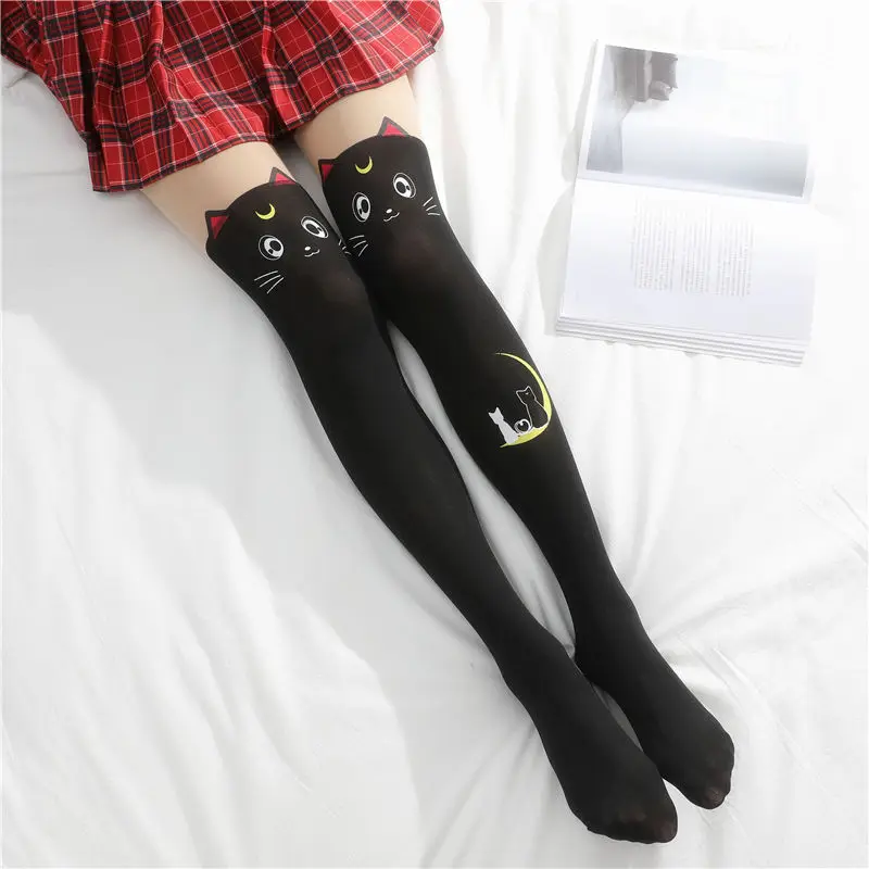 Cartoon Knee Socks Moon Cat Printed Thigh Stockings Comic Cute Loli High Tube Fake Pantyhose