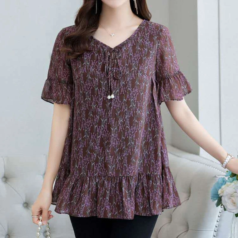 5XL Loose Women Spring Summer Blouses Chiffon Shirts Lady Fashion Casual Half Sleeve V-Neck Bow Lace Up Printing Elegant Tops