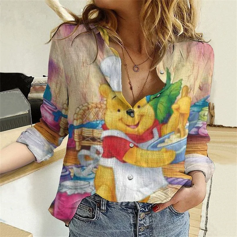 Disney New 2025 Winnie the Pooh Shirt 3D Printing Men and Women Button Lapel Tigger Casual Shirt Disney Women's Shirt