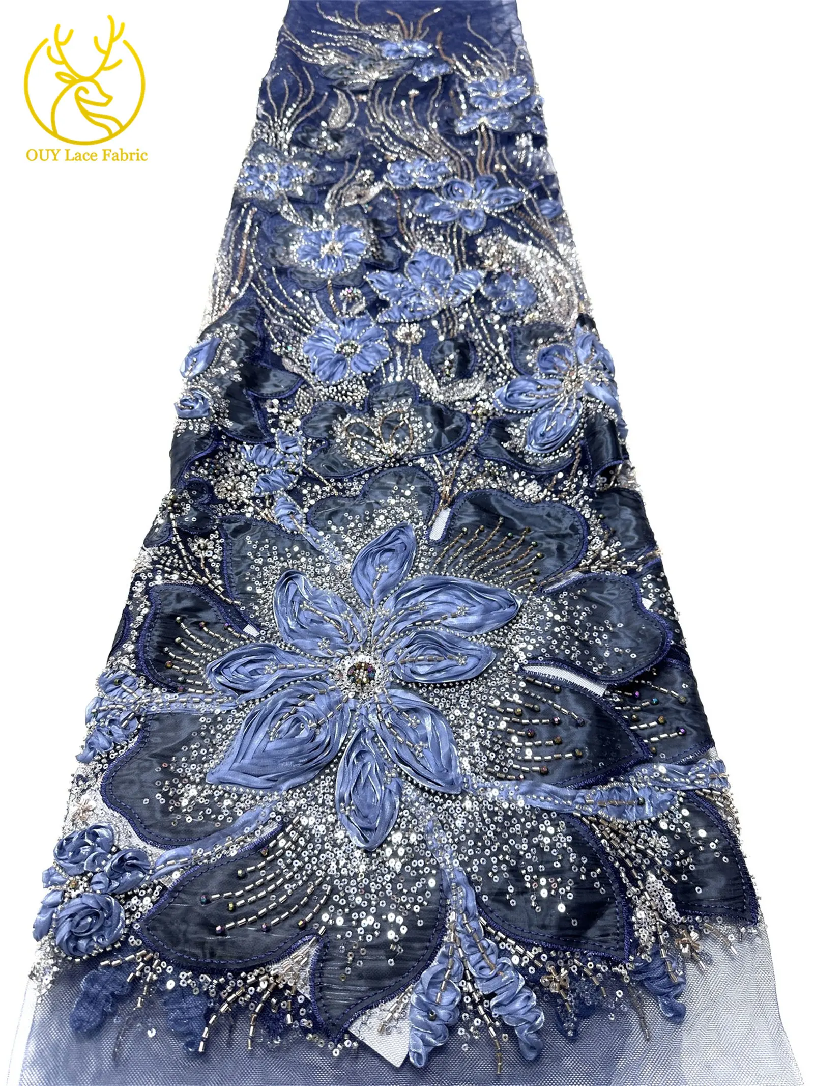 3D-Blumen-Tüll, afrikanischer Spitzenstoff, eleganter französischer nigerianischer Perlen-Pailletten-Mesh-Spitzenstoff für Damen, Hochzeitskleid-Design-Stoff – Detail 19