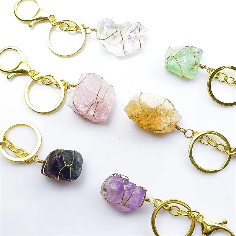 Quartz Crystal Rough Stones Key Ring Chain Pendant Exquisite Jewelry Natural Gems Healing Reiki Raw Gemstones Decoration