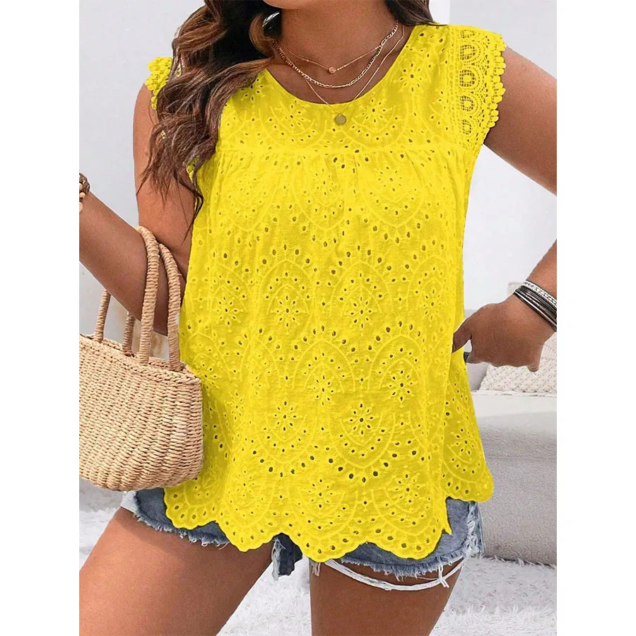 2024 New Fashion Casual Plus Size Shirt Sleeveless Hollow Solid Color Round Neck Lace Simple Versatile Casual T-shirt Top