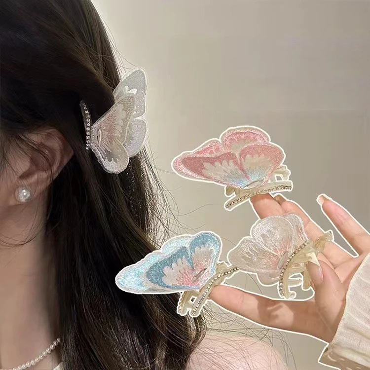 

2 Pcs Women's Hair Clips Fashionable Sweet Cute Kawaii Hair Accessories Set New Diamond Embroidery Princess Butterfly Grab Clip