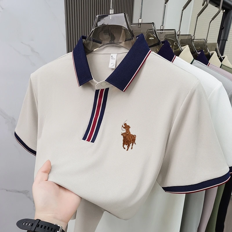 Men's High-Quality Embroidered Logo Short-Sleeved Polo Shirt, Summer Fashion, Casual, Comfortable, Breathable T-Shirt Top