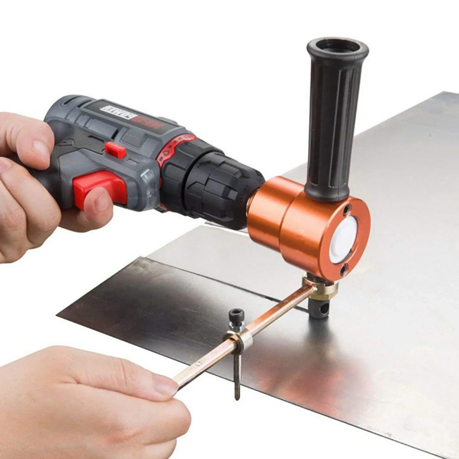 Double Tip Sheet Metal Cutting Nibbler Metal Saw Cutter 360 Degree Adjustable Drill Attachment with Punch Cutting Tools