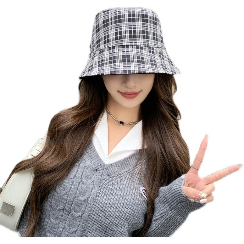 Double-sided Plaid Fisherman Hat Ladies Spring Summer Retro Simple Hat