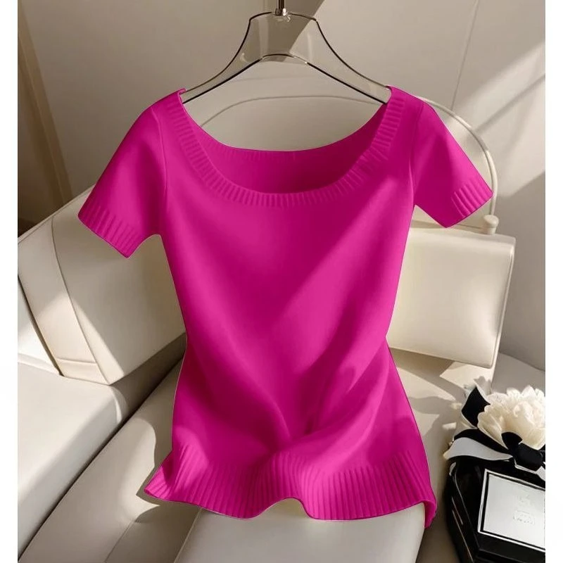 Summer Unique Super Beautiful Knitted Sweater Women Design Sense Niche Solid Color Short-sleeved T-shirt Stunning Collarbone Top