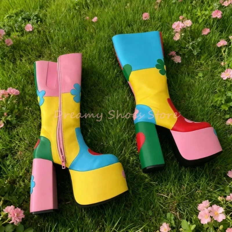 

Mixed Colors Flower Platform Chunky Heel Long Boots Women Side Zipper Patchwork Knee High Boots Sweet Fashion Party Ladies Shoes