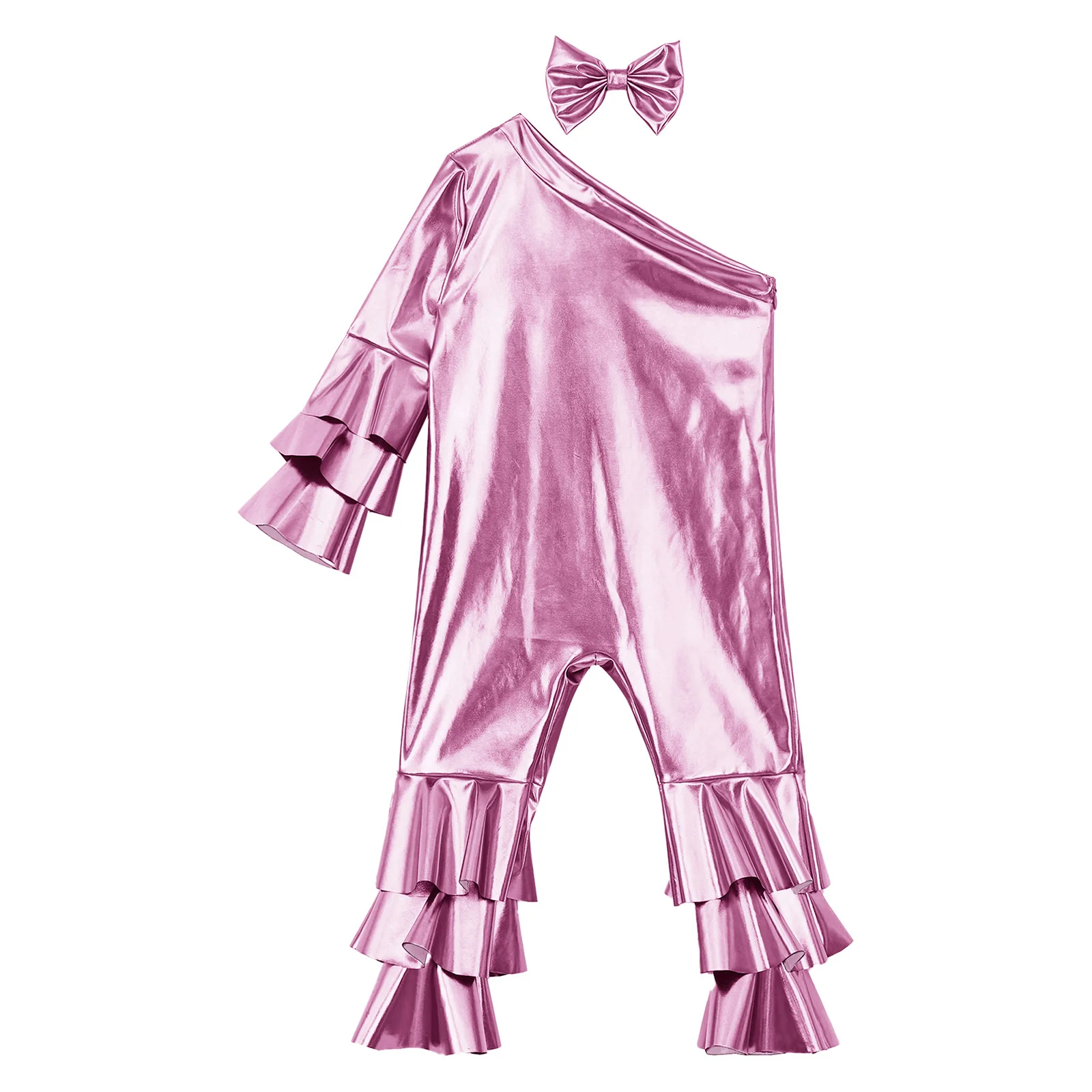 Baby Girls Metallic Romper One Long Sleeve Side Zipper Ruffle Bell-bottom Jumpsuit with Bow Headband for Performance Photo Shoot
