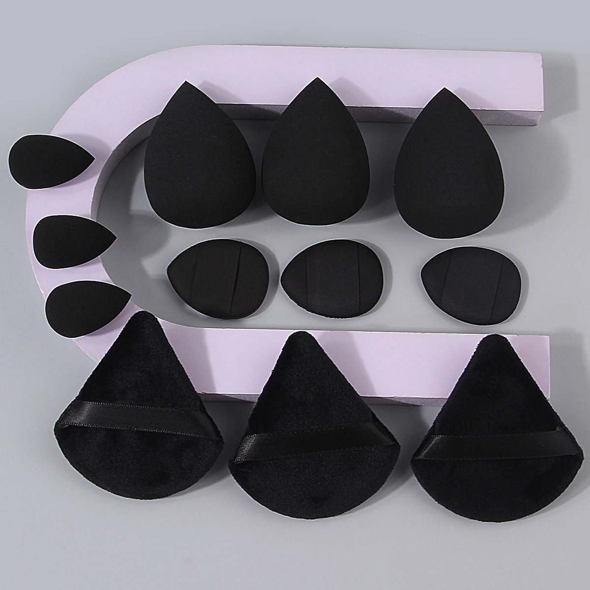12 peças de sopro de pó em vários formatos/conjunto de ovos de beleza de esponja: tamanho de ovo de esponja, sopro de pó triangular, sopro de pó de polegar