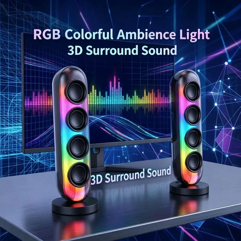 HiFi Stereo Computer Speaker,with RGB Light, Wired Bluetooth V6.0/USB-C Powered PC Speakers,for Desktop, Laptop and Home Office