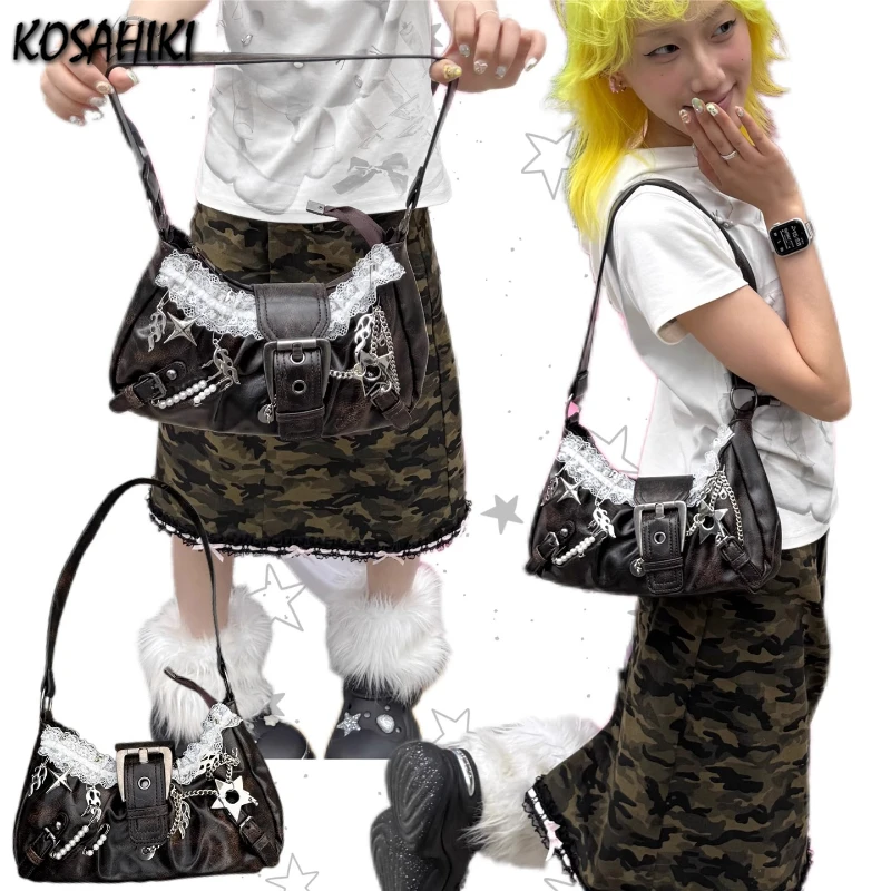 

Streetwear All Match Cross Women's Handbags Lace Patchwork Casual Shoulder Bag 2025 Vintage Y2k Aesthetic Contrast Color Trendy