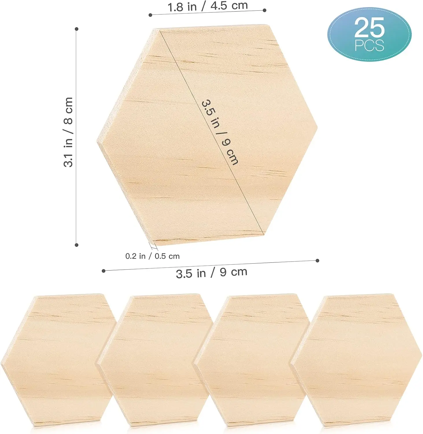 Image 4: Tranches hexagonales en bois inachevé avec trou pour décoration de fête de mariage (9cm), 25 pièces