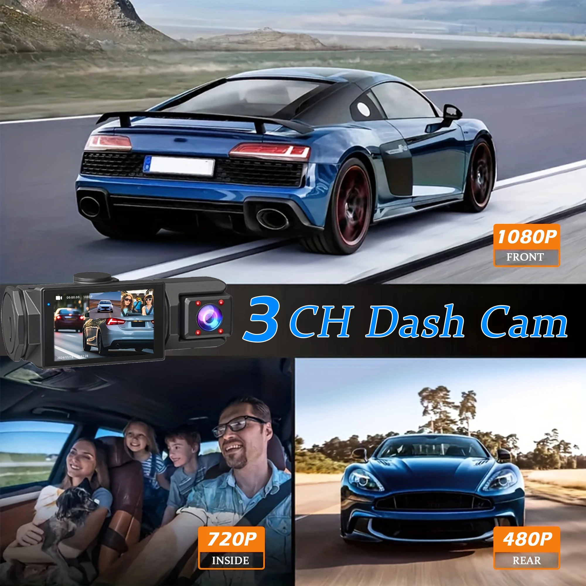 1080P WIFI Camera for Cars 3/2 Channel Dash Cam Front Inside Rear Car DVR with IR Night Vision Loop Recording Wide Angle Cam