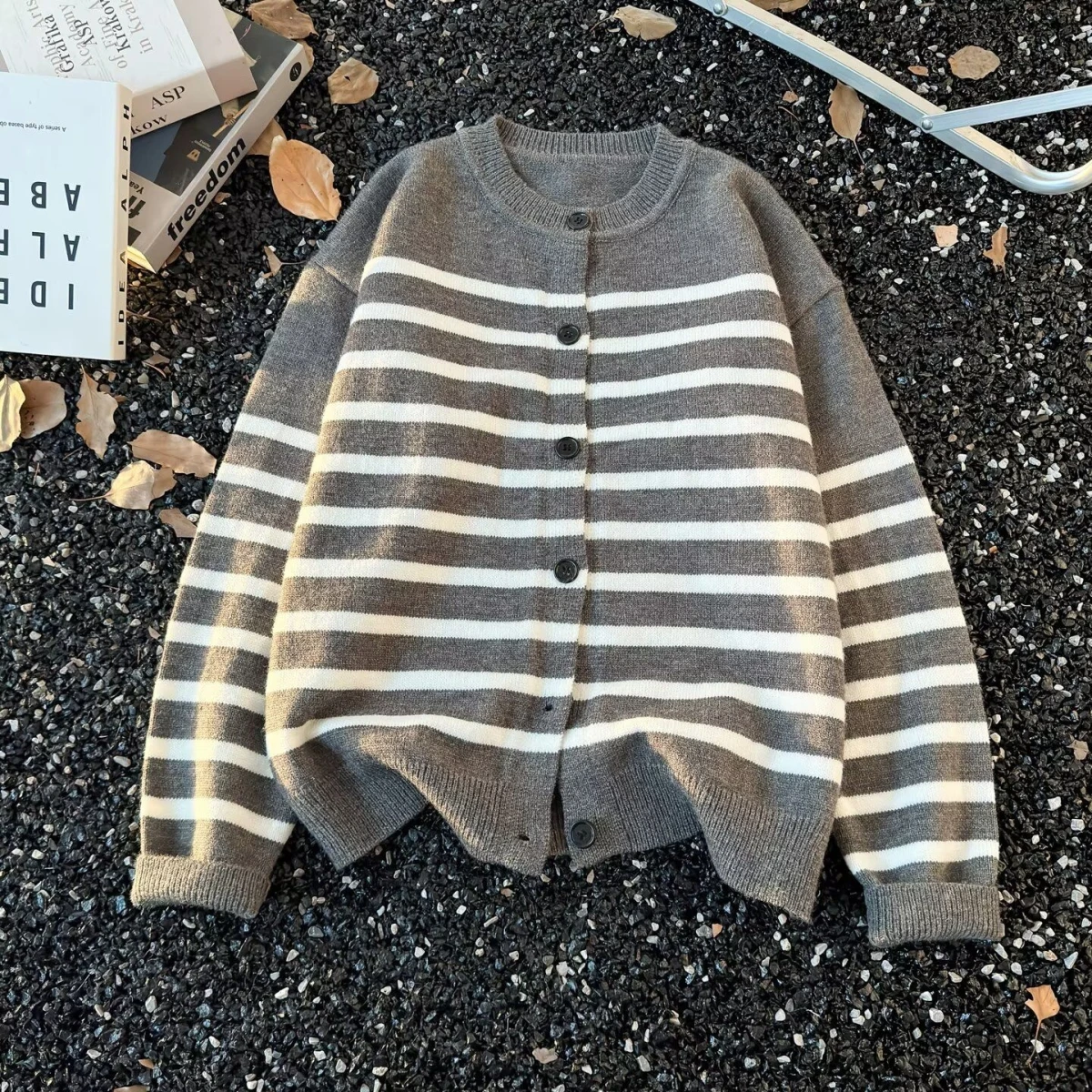 

Вязаный свитер в полоску в стиле ретро, кардиган ex Casual Sle College Faion Lazy Sle, универсальная верхняя одежда для пар