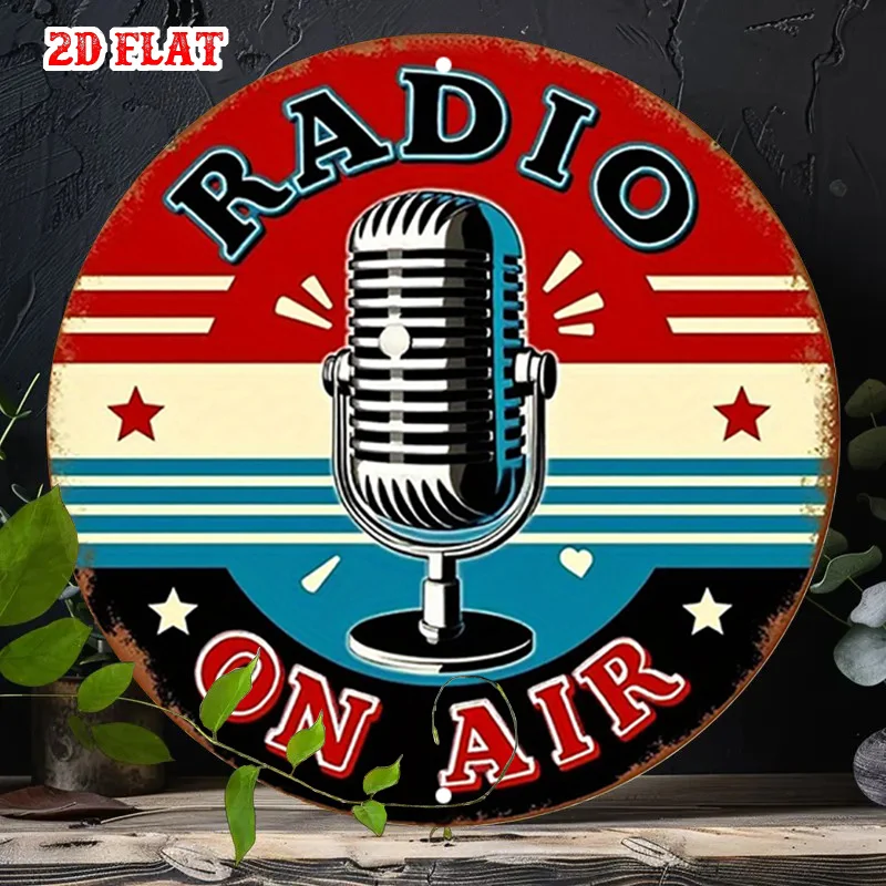 2D Flat, 1pc Vintage Radio on Air Metal Tin Sign - 7.8x7.8 Inch Round Aluminum Wall Art with Microphone & Stars, Rustic Home