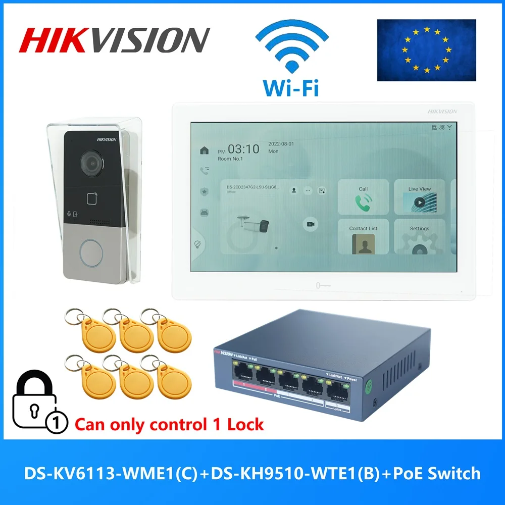 HIKVISION Multi-language 802.3af POE Video intercom KIT,include DS-KV6113-WPE1(C) & DS-KH9510-WTE1(B) & PoE Switch