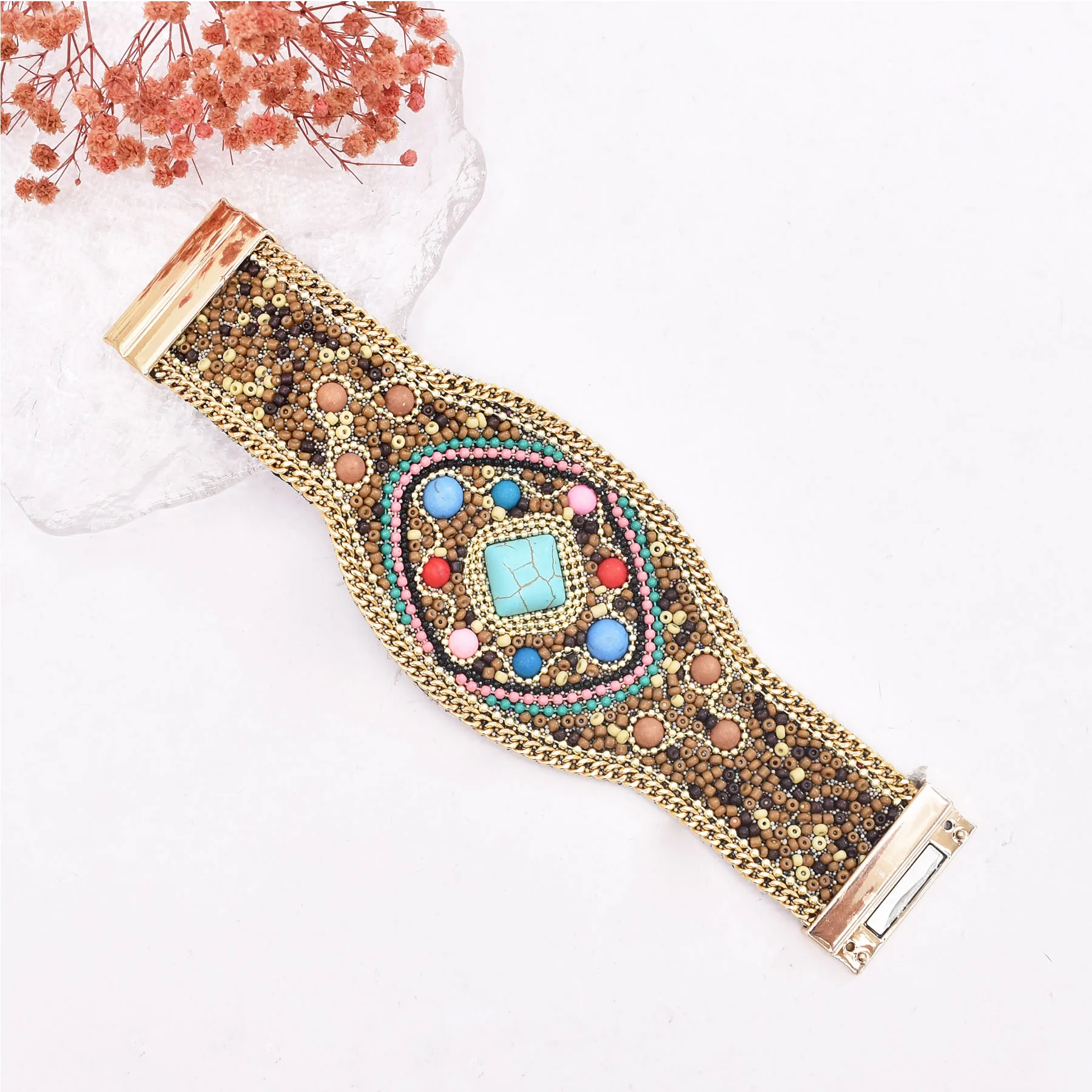 Fashion Bohemian Handmade Rice Beads Ethnic Wind Magnetic Bracelet Imitation Turquoise Stone Cuff Jewelry Woman Accessories