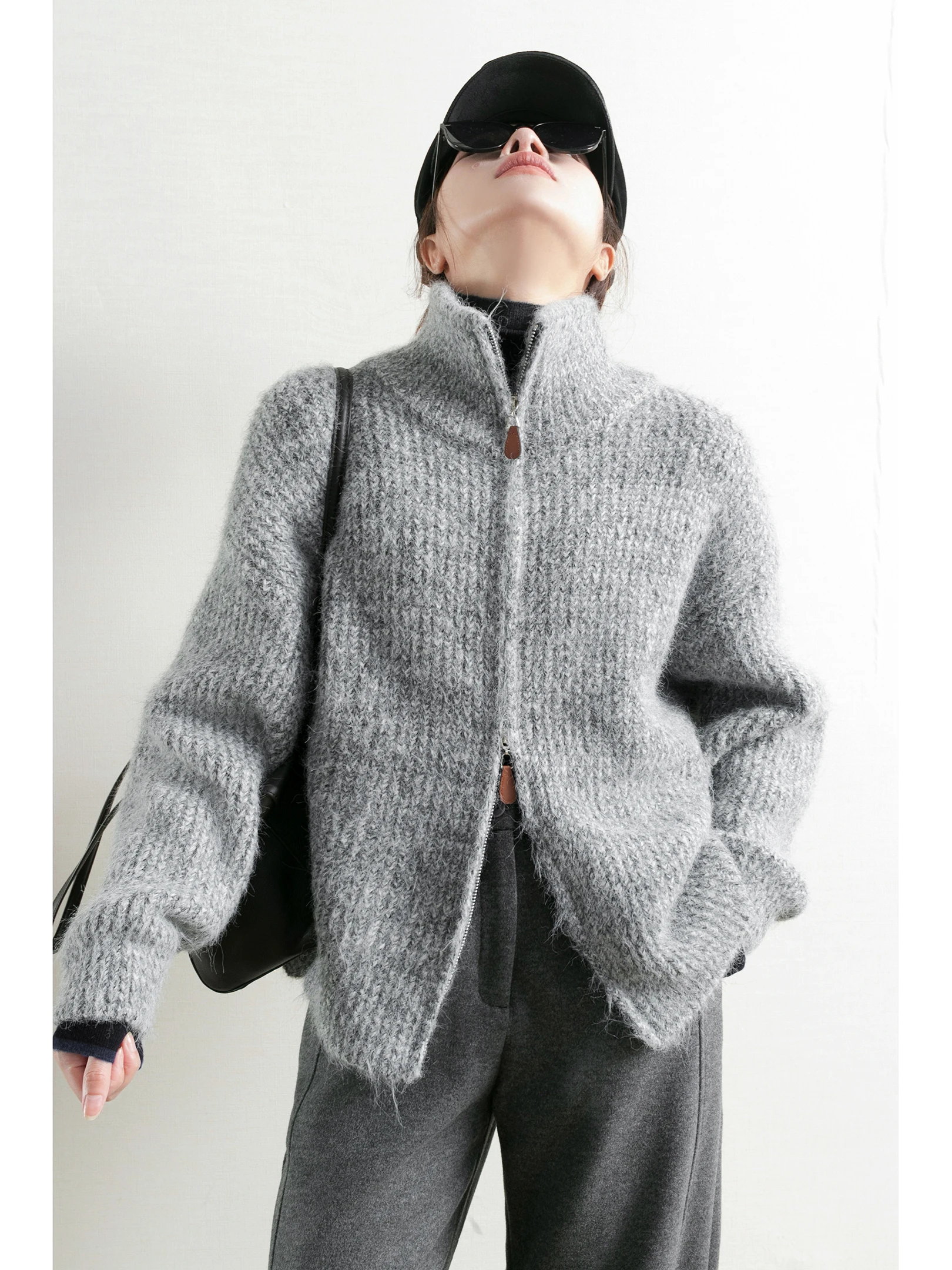 

TidePA Chilley Thi Double Zipper ey Floral Sweater Jaet Women's New Winter Street Sle Knitted Warm Coat Long Sve
