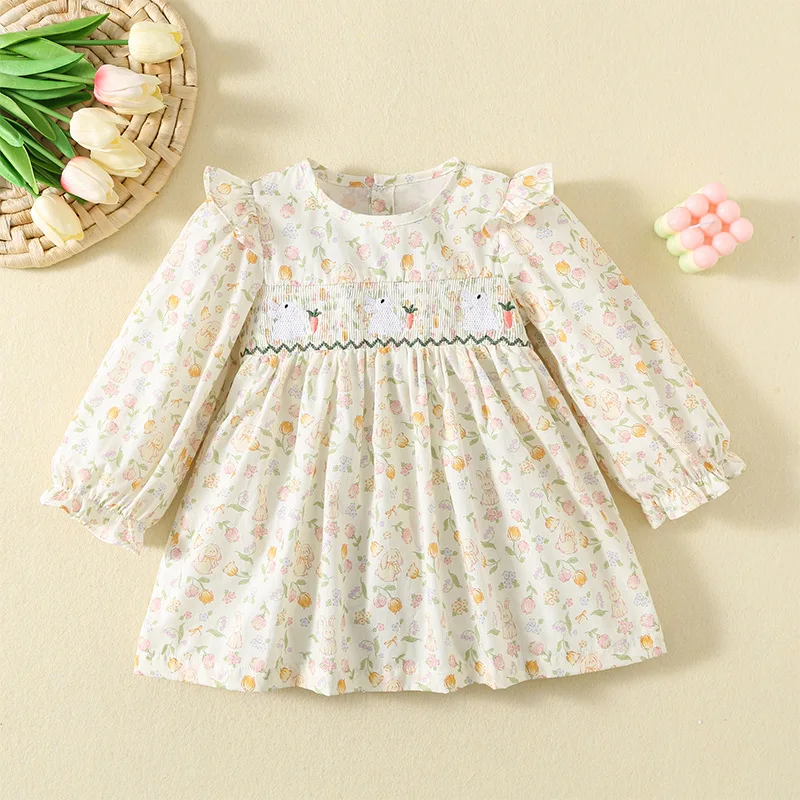 Robe d'automne pour filles, imprimé Floral, avec ourlet à volants, broderie de lapin, manches longues, robes de princesse en coton, tenue mignonne pour tout-petits, 2025