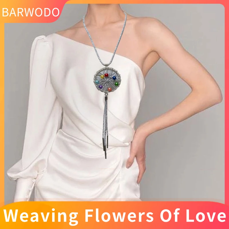 BARWODO Bohemian Jewelry Necklace For Women Charm Pearl Beads Round Pendant Sweater Chain Handmade Luxury Tassel Long Necklaces