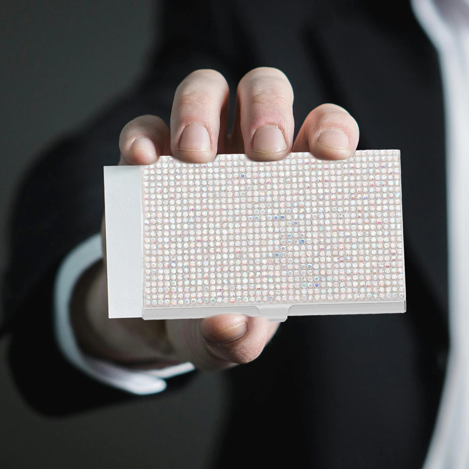 

Rhinestone Decorated Business Card Box Sturdy Desktop Holder for Name Cards Large Capacity Storage Container for Work