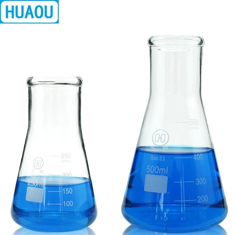 HUAOU 250/300/500mL Erlenmeyer Flask borosilicato 3.3 vetro conico triangolo boccetta attrezzatura chimica da laboratorio