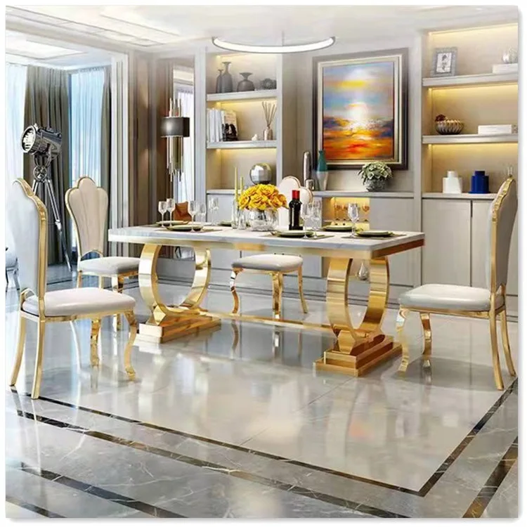 

Marble Countertop Dining Table Hotel Restaurant Gold Stainless Steel Dining Table and Chair Combination