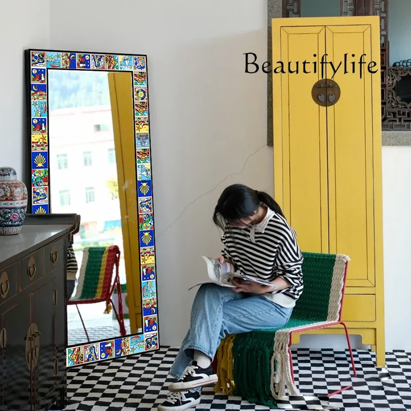 

light luxury floor-to-ceiling entrance mirror high-end light luxury retro color Bohemian style dressing full-body mirror modern