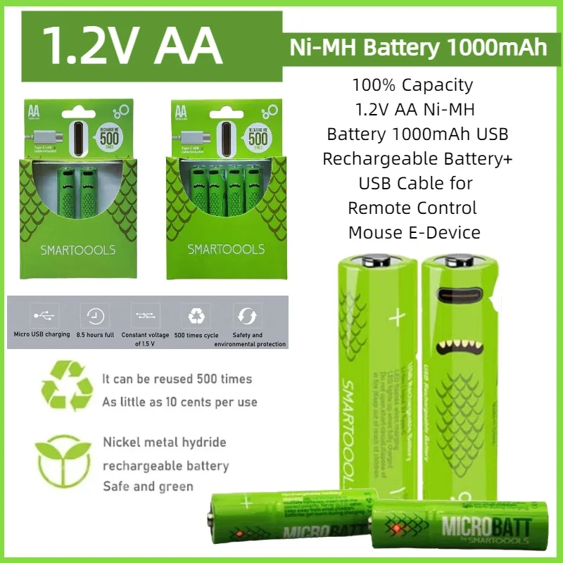 

1000mAh 1.2V USB Rechargeable AA Ni-MH Batteries with Cable, for Remote Control, Mouse, Keyboard, Toy, Game Controller