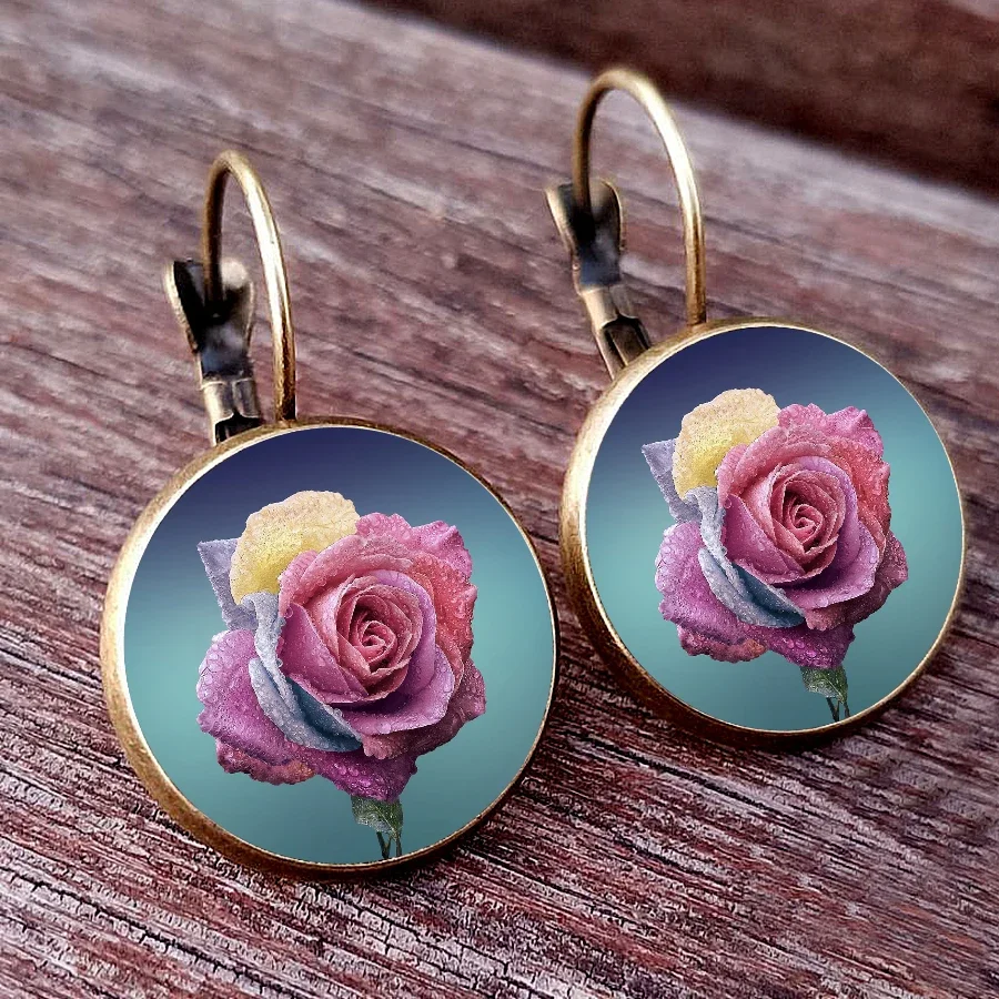 2024 French Fashion Blue Rose Purple Lilac Earrings Sunflower Stud Earrings Tulip Earrings Flower Glass Cabochon Dangle Earring