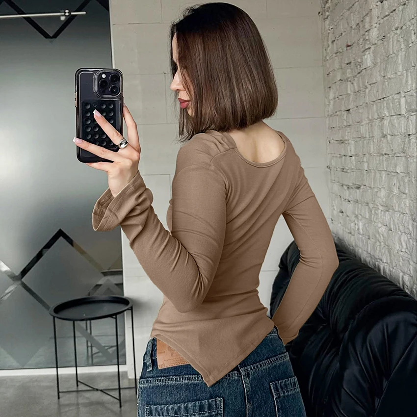 

Linad Elegant Black Asymmetrical Tees Women Street Chic O Neck Knit T Shirts Female 2025 Casual Long Sleeve Ladies Tops Autumn