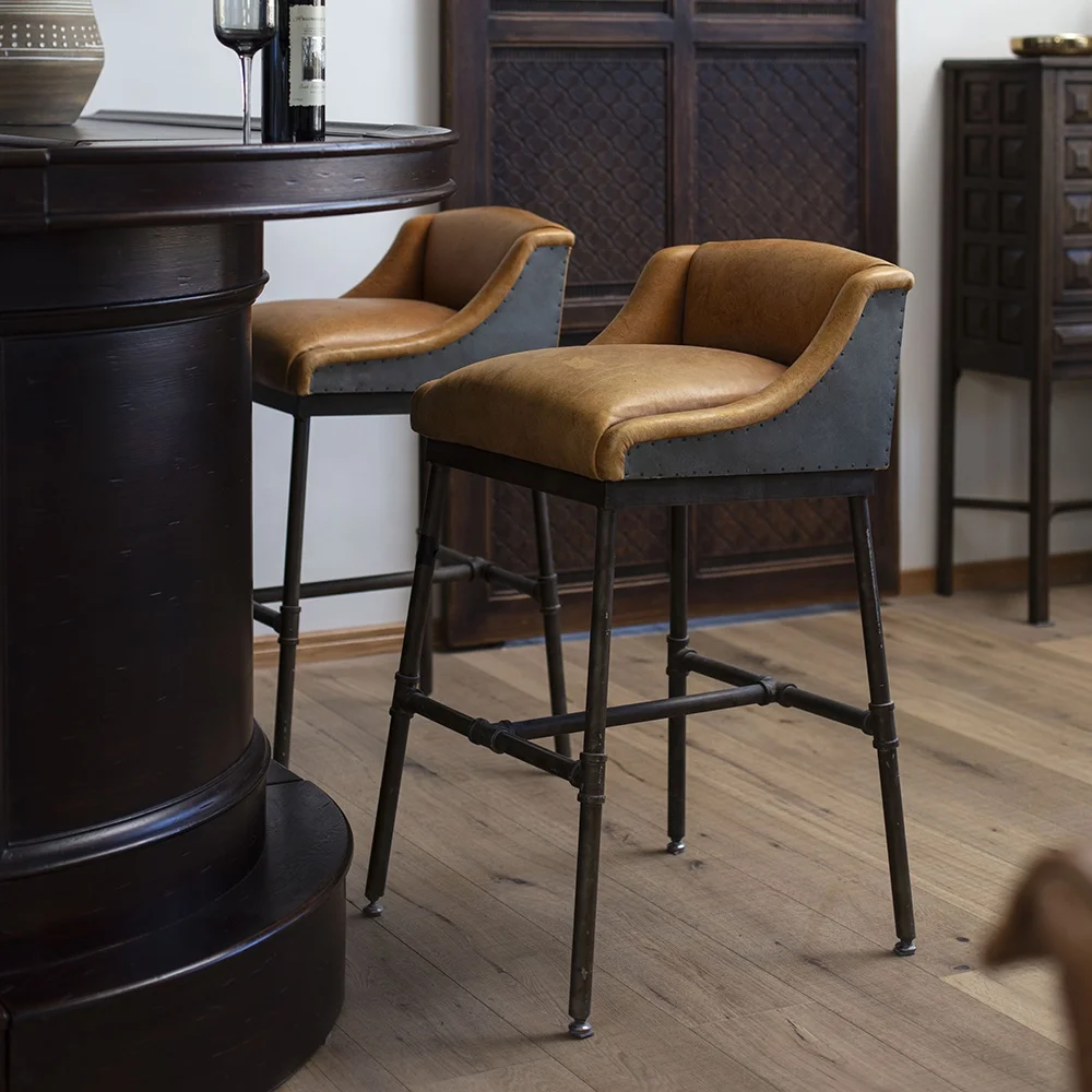 

Modern Full Grain Leather Bar Stool Commercial Furniture Metal Design for Home Bars Hotels Bathrooms and Living Room