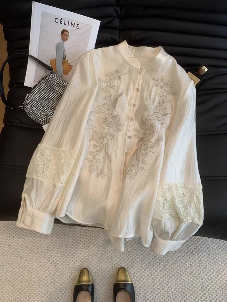 

New Chinese Heavy Industry Embroidered Satin Shirt Women 2025 Spring and Autumn New Style Outerwear Style Long Sleeve Shirt