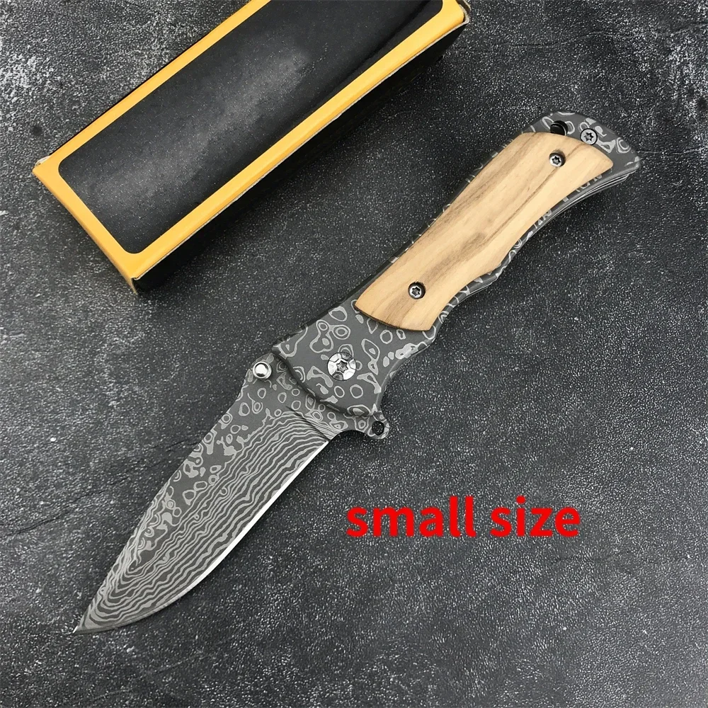 BN 339 Folding Knife Damascus Coating Blade Stainless Steel + Wood Handle Flipper Outdoor Camping Hunting Knives Pocket EDC Tool