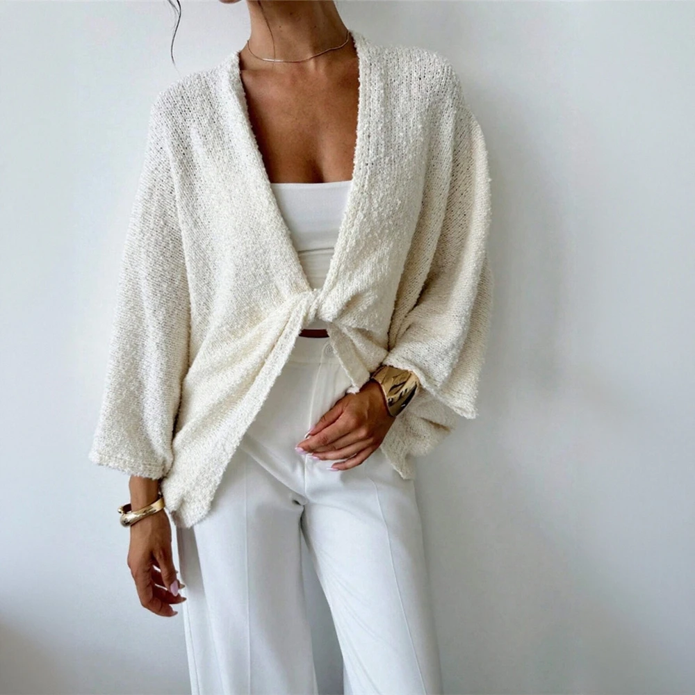 سترة نسائية كاجوال بسيطة ورقبة على شكل حرف V وأكمام طويلة للخريف، أزياء أساسية يومية مفتوحة من الأمام