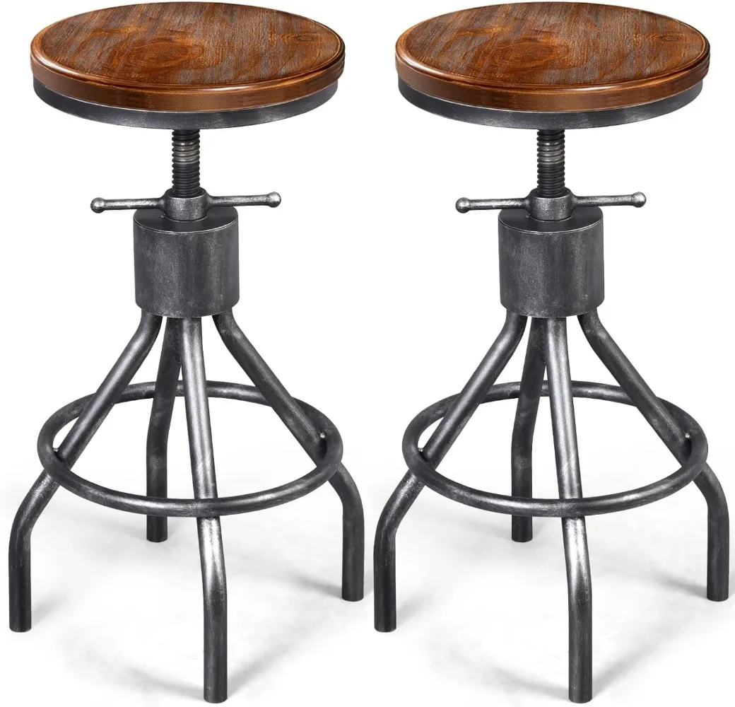 

Набор из 2 промышленных барных стульев, винтажный регулируемый круглый деревянный металлический поворотный барный стул, чугунный железный высокий барный стул-23-30 дюймов