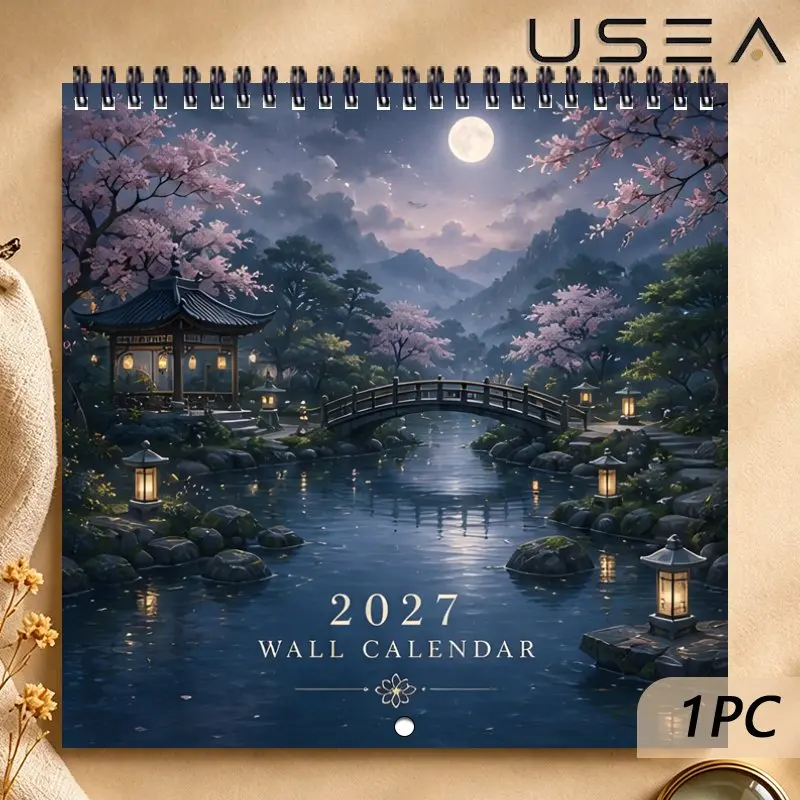 2027 Wall Calendar,12-Month Monthly Planner & Yearly Organizer,Moonlit Zen Garden Sakura Scenery Design,Christmas New Year Gift