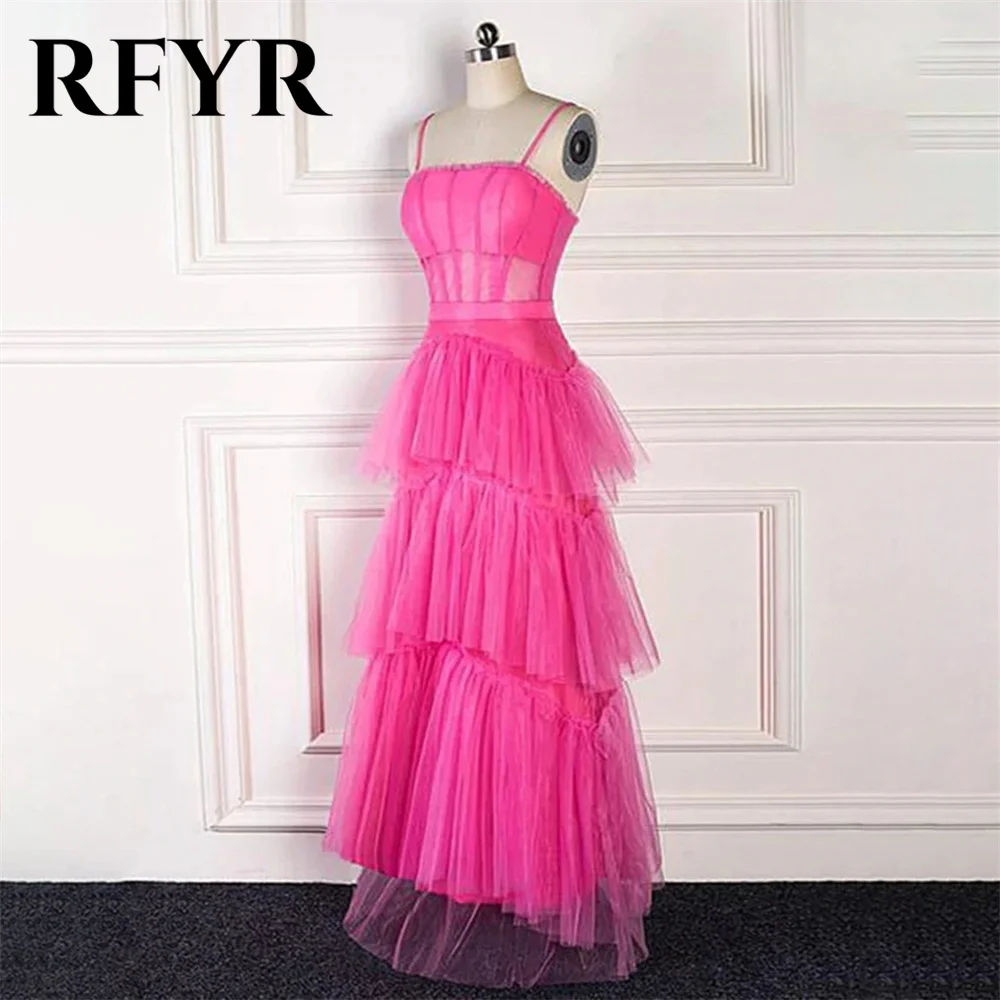 

RFYR Hot Pink Special Occasion Dresses Spaghetti Straps Formal Gown Long Layer Tiered Pleat Evening Dresses vestidos de fiesta