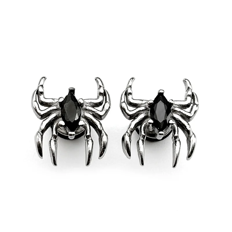 

1PC Gothic Punk Spider Stud Earrings For Women Men Stainless Steel Silver Color Black Rhinestone Earrings Body Piercing Jewelry