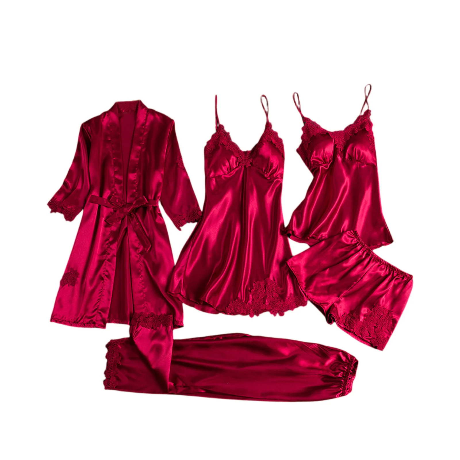 

Ladies' Autumn And Winter Solid Color Imitation Silk Sleepwear 4pcs Comfortable And Elegant Pajamas Women'S Home Suit Set