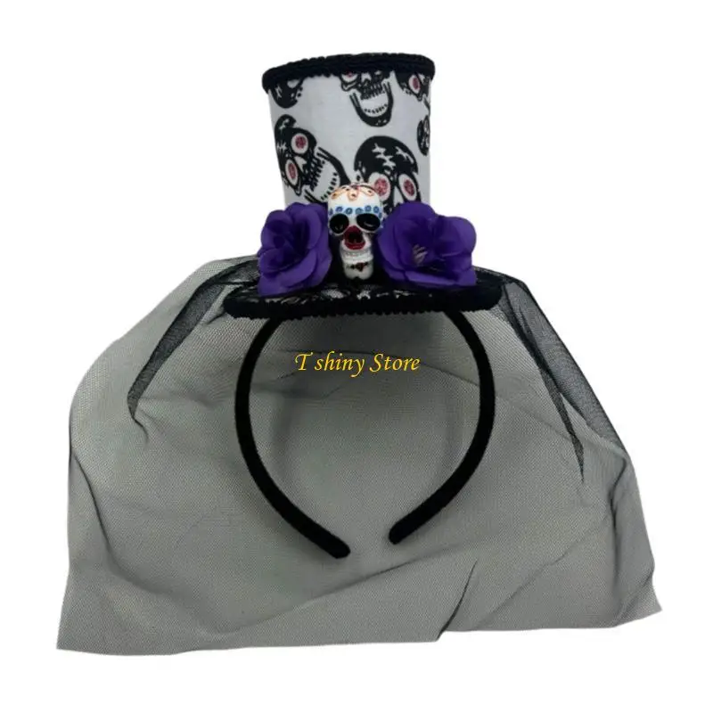 N58F 주제 모임을위한 얇은 베일 헤어 피스 파티 장식을 가진 Spooky Halloween 헤어 액세서리 두개골 머리띠