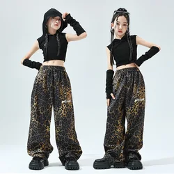 [5-17 Years Old] 2024 Girls Summer Crop Tops JAZZ Top Girls Loose Leopard Print Dance Performance Pants Hip Hop Girls