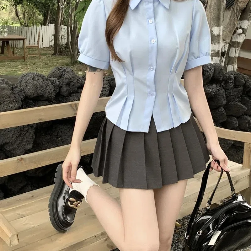 Summer Preppy Style Women\'s Clothing Short Sleeve Turn-down Collar Cardigan Casual Shirt Elegant Solid Color All-match Tops