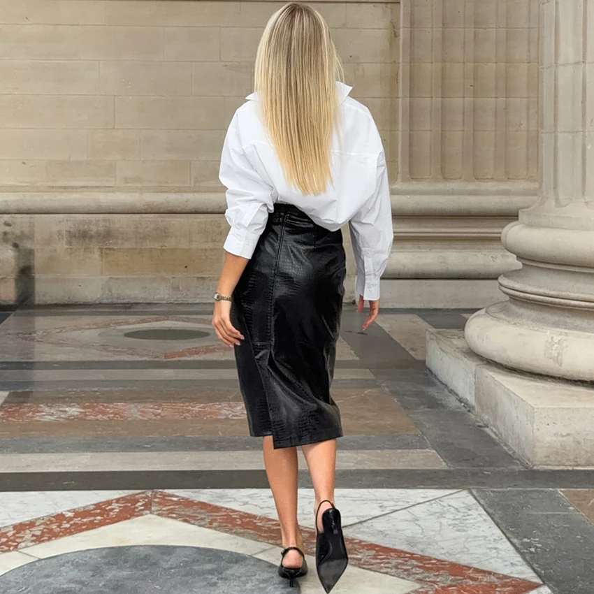 Linad Street Chic Black PU Mid Calf Skirts Women Vintage Slim High Waist Split Skirts 2026 Fashion Zipper Straight Skirt Female