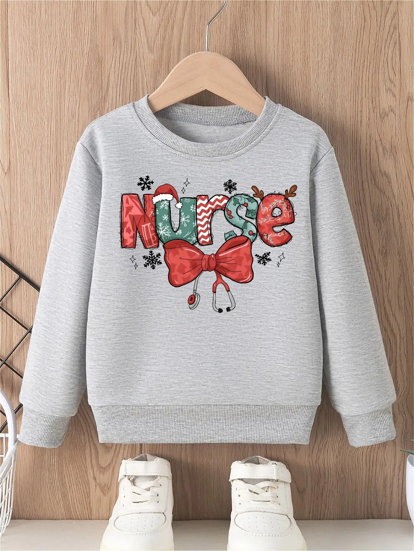 

Christmas Girls' Crewneck Sweatshirt with Cute Nurse Design and Bow Decorative Print round neck tops